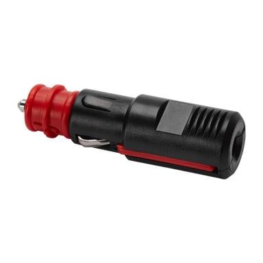 Et nærbilde av Hamron Plug, en svart og rød bil-sigarettenneradapter. Den har metallisk spiss, ventilert plastkropp og synlig fjærklips.