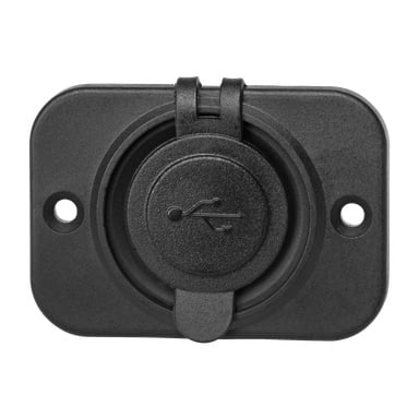 Hamron USB-port med et svart rektangulært design med hengslet beskyttelsesdeksel og monteringshull på hver side.