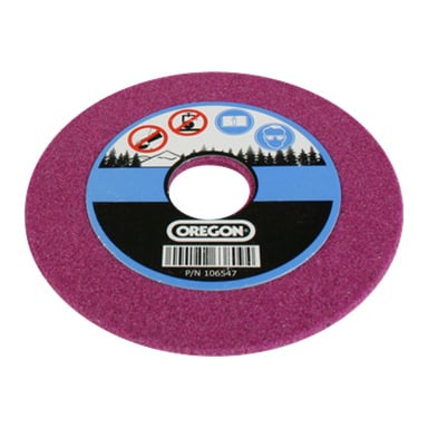 Vaaleanpunainen, pyöreä hiomalevy, jossa on reikä keskellä ja etiketti, jossa lukee Oregon Grinding disc Q106547. Etiketissä on turvakuvakkeita, viivakoodi sekä taustalla kuvia puista ja vuorista.