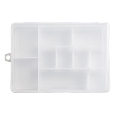En genomskinlig plast Kayoba Bait Box med nio separata fack och en liten flik på vänster sida för enkel bäring eller upphängning. Det transparenta locket ger en obehindrad utsikt över de tomma facken inuti.