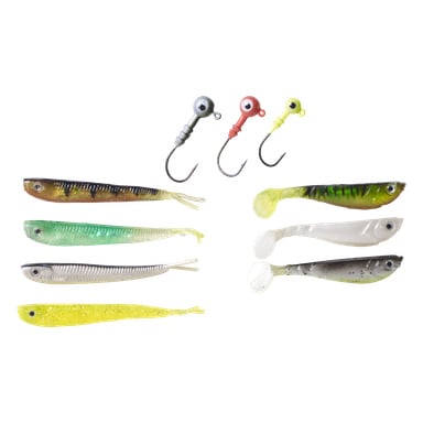 Yksitoista kalastusviehettä, jotka ovat peräisin Berkley Jig -setistä Powerbait Power Pack Perch Kit Pulse-Minnow, on esillä – mukana kolme jigin päätä, joissa on koukut ylhäällä, sekä kahdeksan pehmeää muovista syöttirunkoa eri väreissä ja muodoissa, jotka on järjestetty alapuolelle.