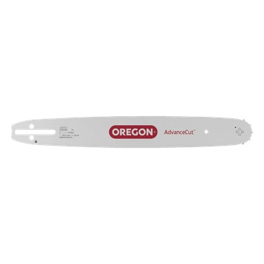Metalowy pręt Oregon Saw z czerwonym logo i informacjami o produkcie wyświetlanymi po lewej, zaprojektowany z wieloma otworami do montażu i regulacji napięcia.