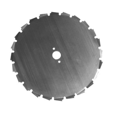 Eine Oregon Brushcutting-Klinge mit glänzender Metalloberfläche hat gleichmäßig verteilte Zähne an der Kante und ein zentrales Befestigungsloch.