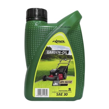 Zielona plastikowa butelka oleju Axenol Lawn Mower Oil z napisem API: SG/CD, z przodem zdjęciem kosiarki i kodem kreskowym u dołu.