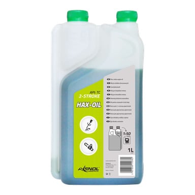 Pojemnik 1-litrowy oleju dwusuwowego Axenol Husq-Oil z zieloną etykietą, widocznymi stopniami pomiarowymi oraz instrukcjami do tworzenia mieszanki paliwa 1:50. Olej w środku jest niebieski.