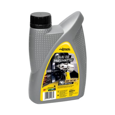 Szara plastikowa butelka 600ml z czarną kapsłem zawiera olej narzędziowy Axenol Pneumatic Tool Oil. Żółta etykieta przedstawia obraz urządzeń pneumatycznych, słowa "Olej do pneumatyki" oraz szczegóły produktu, takie jak ISO: VG 10.