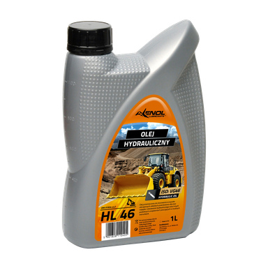 Szara, 1-litrowa plastikowa butelka Axenol Hydraulic Oil HL-46 z czarną zakrętką. Na przedniej etykecie widnieje nazwa marki, informacje techniczne oraz ilustracja żółtego ładowarki budowlanej.