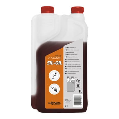 Przezroczysta butelka Axenol Engine Oil Sil-Oil o pojemności 1 litra z biało-pomarańczową etykietą pokazuje instrukcje użycia, proporcje mieszania 1:50 oraz ikony symbolizujące olej, silnik i mieszanie.