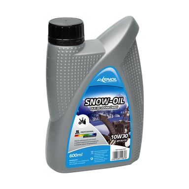 Szara plastikowa butelka Axenol Engine Oil 10W30 o pojemności 600 ml, przeznaczona do odśnieżarki, z etykietą z grafiką odśnieżarki, niebieskimi akcentami i specyfikacją techniczną.