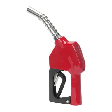 Hamron Fuel-pistolen har rød kropp, metallisk tut og svart håndtak.