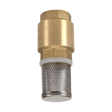 Et Hamron dieselpumpefilter med en messingfotventil toppet av en sekskantet hette, en pil som viser strømningsretningen, og en sylindrisk metallnettsil montert i bunnen, ment for væskehåndteringssystemer.