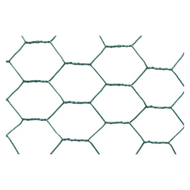 Närbild av Axley Hexagon-nät som visar konsekventa gröna hexagonala trådmönster, med tråden tvinnad vid varje korsning.