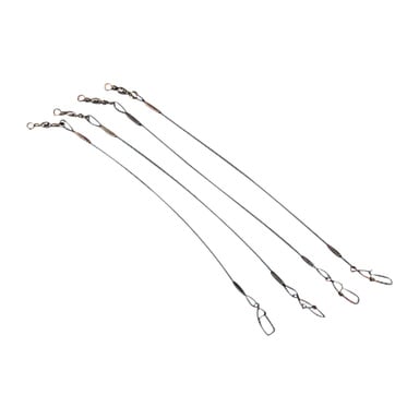Trzy czarne Abu Garcia Leaders, sprzedawane jako 3-pack, ułożone są w linii ukośnej. Każdy przypoon wykonany jest z cienkiego drutu i posiada metalowe zaczepy oraz zatrzaski na obu końcach do łączenia z żyłkami wędkarskimi i przynętami.