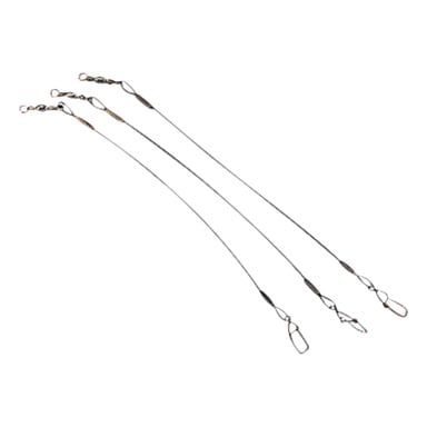 Tre Abu Garcia Leaders 3-pack med fiskeledare med svängar och knäppar, placerade diagonalt.