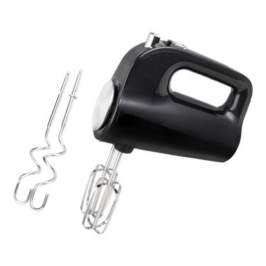 Ein schwarzer Menuett Electric Handmixer mit zwei Metallschläfern wird neben einem Paar Teighaken platziert.