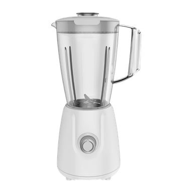 En Menuett-mixer med vit botten, en rundad kontrollratt och en transparent kanna med handtag och lock.