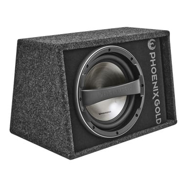 Harmaa Phoenix Gold Z112ABV2 -subwoofer matolla päällystetyssä laatikossa, jossa on metallinen etusäleikkö ja "Phoenix Gold" -painettuna etuosassa.
