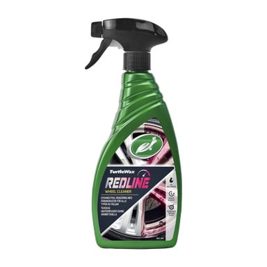 En grön sprayflaska med Turtle Wax Rim Cleaner Wheel Cleaner med ett svart munstycke, med en etikett som visar ett blankt bilhjul och olika produktdetaljer.