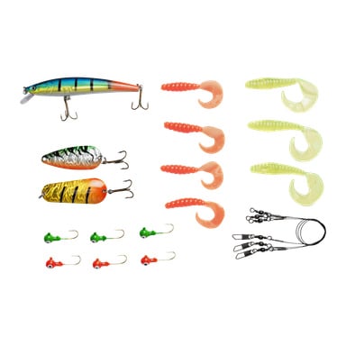 En prydligt arrangerad samling av 19 Abu Garcia-fiskeriggar visar olika drag och krokar, såsom plastmaskar, jigghuvuden, ett hårt bete och svivlar med tryckknappar, vilket möjliggör enkel jämförelse.