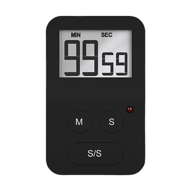 Musta Menuett-keittiöajastin digitaalisella näytöllä näyttää 99:59. Näytön alla on kolme painiketta—M, S ja S/S—ja keskimmäisen painikkeen oikealla puolella on pieni punainen merkkivalo.