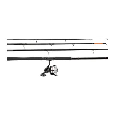 Abu Garcia Sea fiskestangen Classic 9′ I6 vises både fullt montert med en spinnesnelle og i fire separate svarte segmenter over den. Ett segment skiller seg ut med en oransje tupp, og hvert segment har linjeguider. Stangens håndtak er utstyrt med svarte skumgrep i begge ender.
