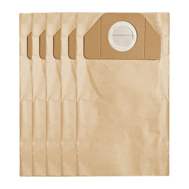 Fem ubrukte Stanley Filter Bags SXVC20XTDE står på rekke og rad. Posene, som selges som et 5-pakningssett, har hver en rund pappkrage med en hvit ring og en sentral lukkeklaff øverst. De er pent stablet sammen.