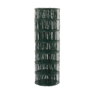 En upprätt rulle av Axley Wire Netting Eurofence står med en hög, cylindrisk form och visar jämnt fördelade horisontella och vertikala trådar.