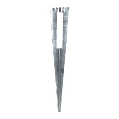 Ett silverfärgat metallankare med en spetsig, avsmalnande ände och en rektangulär öppning upptill, avsedd för att stabilisera stolpar eller stolpar i marken.