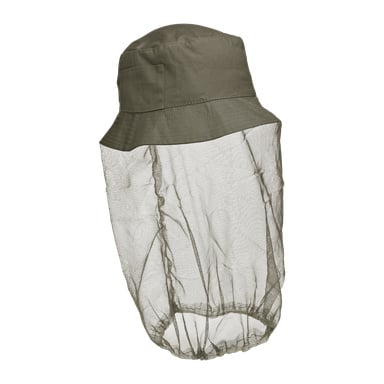 Ein olivgrüner Bluewear-Bucket-Hut mit einem eingebauten feinen Netz, das herunterhängt und Kopf und Hals vor Insekten schützt.