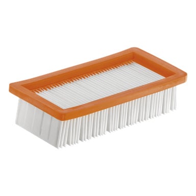 Platt plissat filter kompatibelt med Kärcher askdammsugare, designat med orange gummiram och vitt veckat pappersfilterelement.