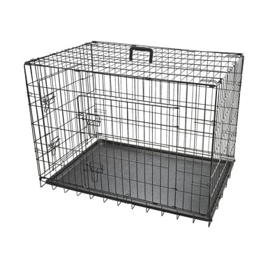 En Kayoba Pet-bur byggd av svart metalltråd, utrustad med en plastbottenbricka, ett bärhandtag på toppen och en sidodörr som är säkrad med en spärr.