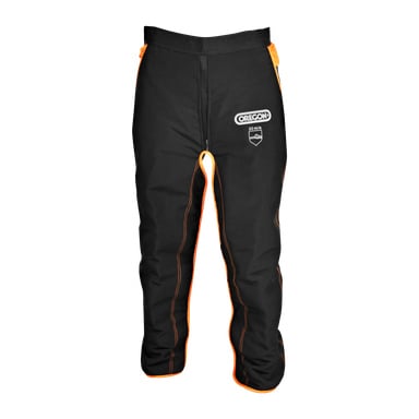 Mustat Oregon-leggingsit, joissa on oransseja yksityiskohtia, joissa on merkin logo ja turvallisuusluokitus reiden yläosassa. Leggingsit näyttävät uusilta ja käyttämättömiltä.