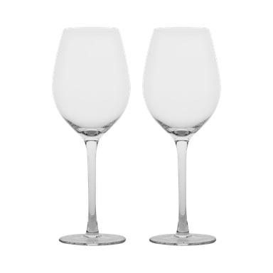 To Menuett Wine-glass, solgt som et par, er plassert oppreist og parallelt. De er laget av klart glass med lange stilker og forsiktig avrundede boller.