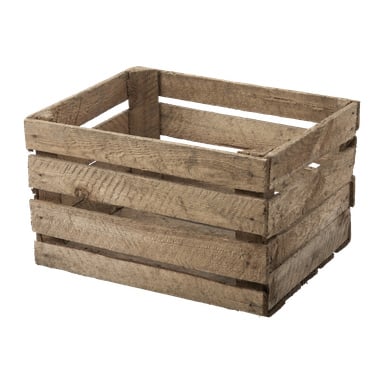 Hard Head Wooden Box har en rektangulär form med öppna ribbor längs sidorna och botten, vilket visar en grov, ofärdig yta. Lådan är tom.