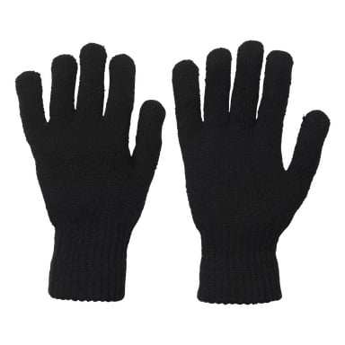 Ett par svarta Bluewear Five-fingers handskar med ribbade handleder, visade med handflatorna nedåt och fingrarna något isär.