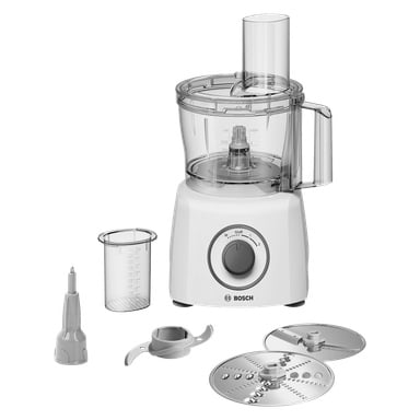 Bosch Home Food Processor MCM3110W i vitt inkluderar en transparent blandningsskål, en hastighetskontrollratt och en matningsslang. Den har fyra avtagbara tillbehör: en måttkopp, bladhållare, skruvmejsel och två skivskivor i rostfritt stål för att skära och gallra.