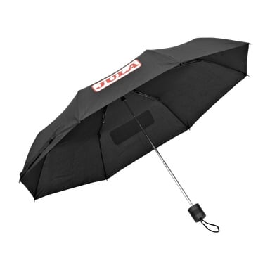 Całkowicie otwarty parasol Jula ma prostą srebrną rączkę i pasek na nadgarstek. Jeden z paneli daszki przedstawia czerwono-białe logo Juli.