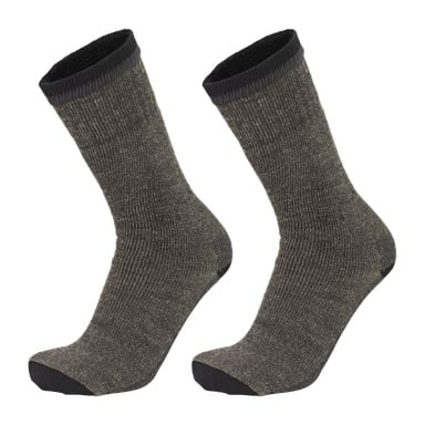 Kaksi Bluewear Wool -sukkaa kahden parin setistä on esillä vierekkäin. Sukat ovat harmaita, joissa on mustia yksityiskohtia varpaissa, kantapäissä ja kalvosimissa, ja niissä on uurrettuja yksityiskohtia jalkojen ja jalkavarsien kohdalla.