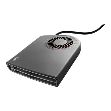 En svart Defa Car Heater Termini 1000 med frontventil, ett runt fläktgaller på toppen och en sidoströmbrytare. En stadig svart kabel kommer ut bakifrån.