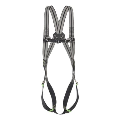 Vi presenterar Kratos Fall Arrest Harness, en grå och svart säkerhetssele med justerbara remmar, plastspännen och metallringar. Idealiskt för att säkra personer under bygg- eller klätteraktiviteter.