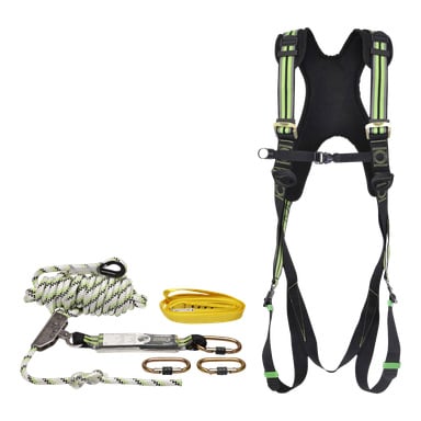 Kratos Fall Arrestor Pack 5 Pieces har en svart och grön säkerhetssele, ett hoprullat vitt rep med svarta lappar, en gul rem, två metallkarbinhakar och en repgreppsfällare.