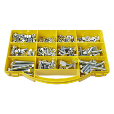 Ett 315-delat Hard Head bult-, brick- och mutterset är arrangerat i en gul plastorganizer med separata fack som rymmer olika storlekar av silverbeslag.