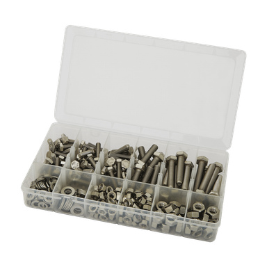 En öppen organisatörlåda avslöjar ett Hard Head-set med 300 delar som innehåller bultar, brickor och muttrar i rostfritt stål, alla prydligt arrangerade i separata genomskinliga plastfack.