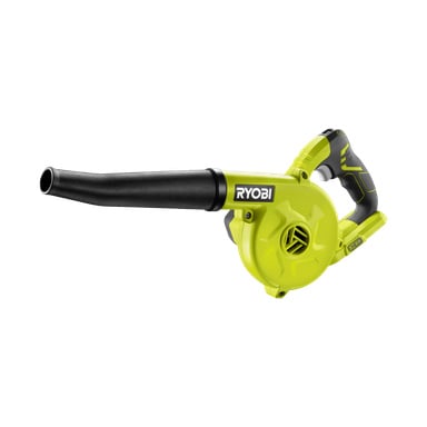 En knallgrønn og svart Ryobi One+ Blower R18TB-0, med buet håndtak, avtrekker og en forlenget, slank dyse.