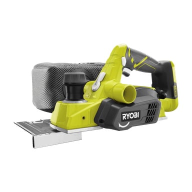 En Ryobi One+ R18PL-0 elektrisk høvel med svart og grønt design, utstyrt med ergonomisk håndtak og støvoppsamlingspuse.