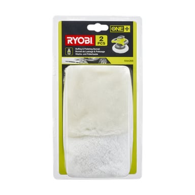 Bilden visar ett butikspaket för två vita polerande huvar från Ryobi One+. Förpackningen visar Ryobi One+-logotypen, detaljer om produkten och en illustration som visar poleringsverktyget som används.
