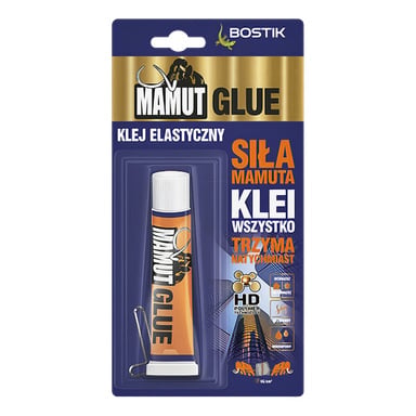 Tubka Bostik Mamut Glue w zestawie, charakteryzująca się silnym chwytem, szybkim działaniem, technologią polimerową HD oraz wyrazistymi kolorami pomarańczowym, czarnym i niebieskim.