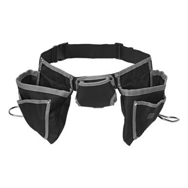 Bluewear Tool Belt er et svart verktøybelte med flere lommer og solide forsterkede kanter, ideelt for å oppbevare verktøy og tilbehør. Den har justerbare stropper og metallløkker på hver side for ekstra funksjonalitet.