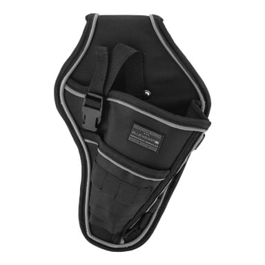 Et Blackwear svart stoffhylster med grå kant, utstyrt med flere lommer, en plastspenne og en Bluewear-etikett foran. Hylsteret er tomt.