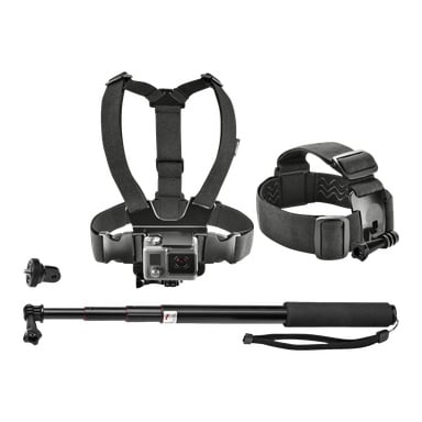 Marquant Accessory Set Action Camera 3 Pieces zawiera czarną uprząż, pasek na nadgarstek oraz wysuwany kij do selfie wraz z małym akcesorium.